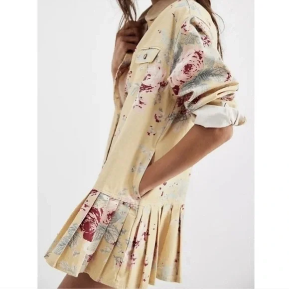 🍀 Free People Connor Western Bohemian Yellow Floral Printed Cotton Mini Dress - Picture 2 of 10